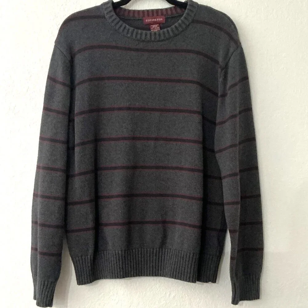 Vintage Covington Men's Grey Striped Crewneck Sweater Knit Pullover Size Large